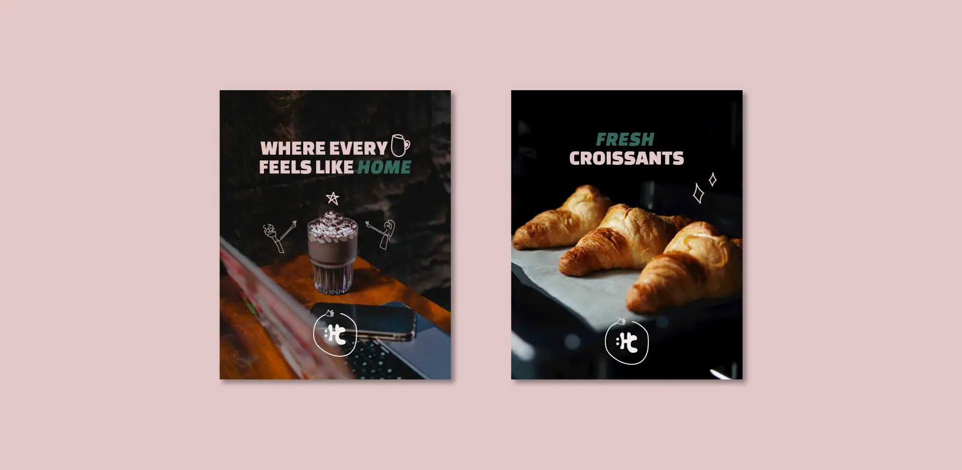 Social media posts displaying coffee and croissants, promoting a cozy café vibe with creative packaging design, branding for coffee shops, and visual identity branding that attracts and engages customers.